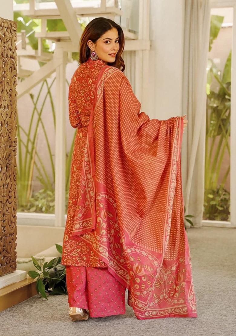 Red Printed Cotton Kurta Set - Indya