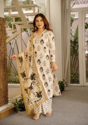 Off White Printed Cotton Kurta Set
