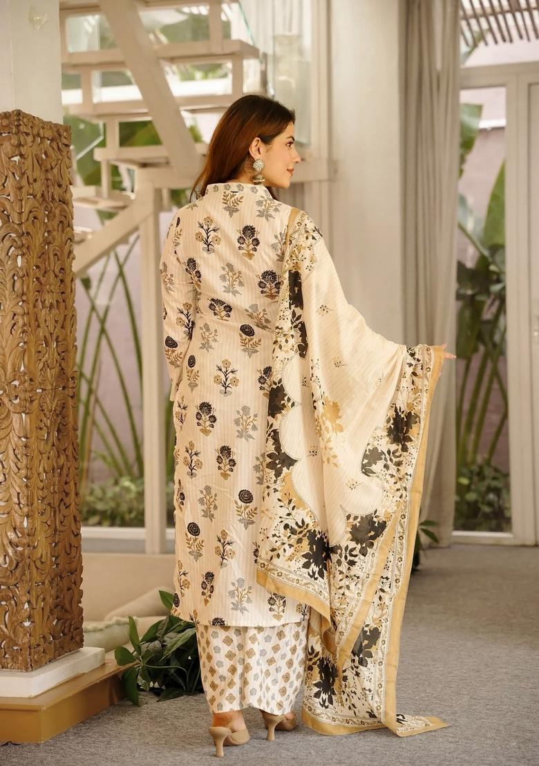 Off White Printed Cotton Kurta Set - Indya