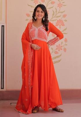 Orange Beads Work Georgette Gown With Dupatta