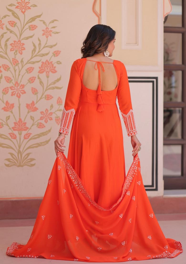 Orange Beads Work Georgette Gown With Dupatta - Indya