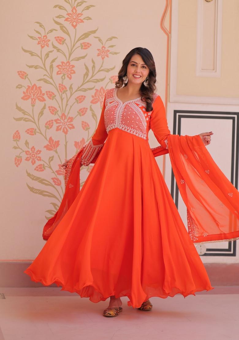 Orange Beads Work Georgette Gown With Dupatta - Indya