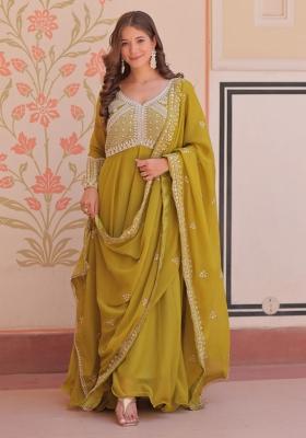 Green Beads Work Georgette Gown With Dupatta