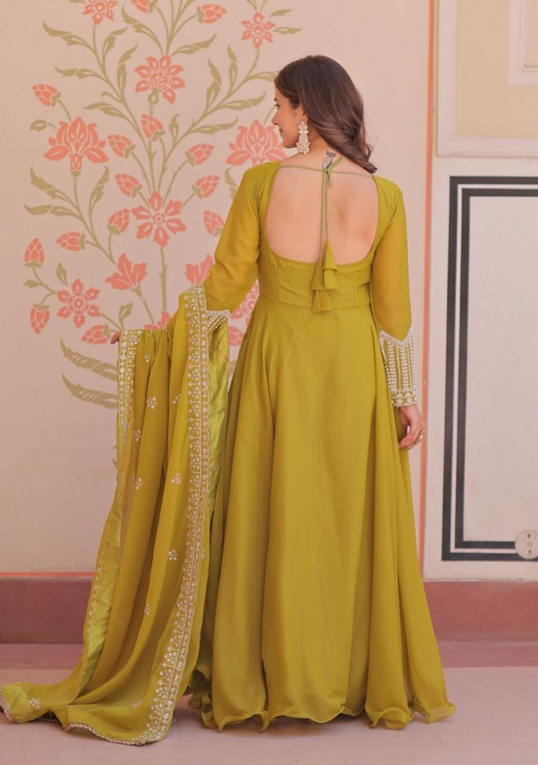 Green Beads Work Georgette Gown With Dupatta - Indya