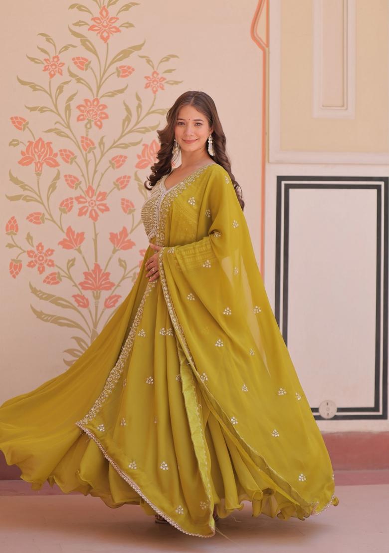 Green Beads Work Georgette Gown With Dupatta - Indya