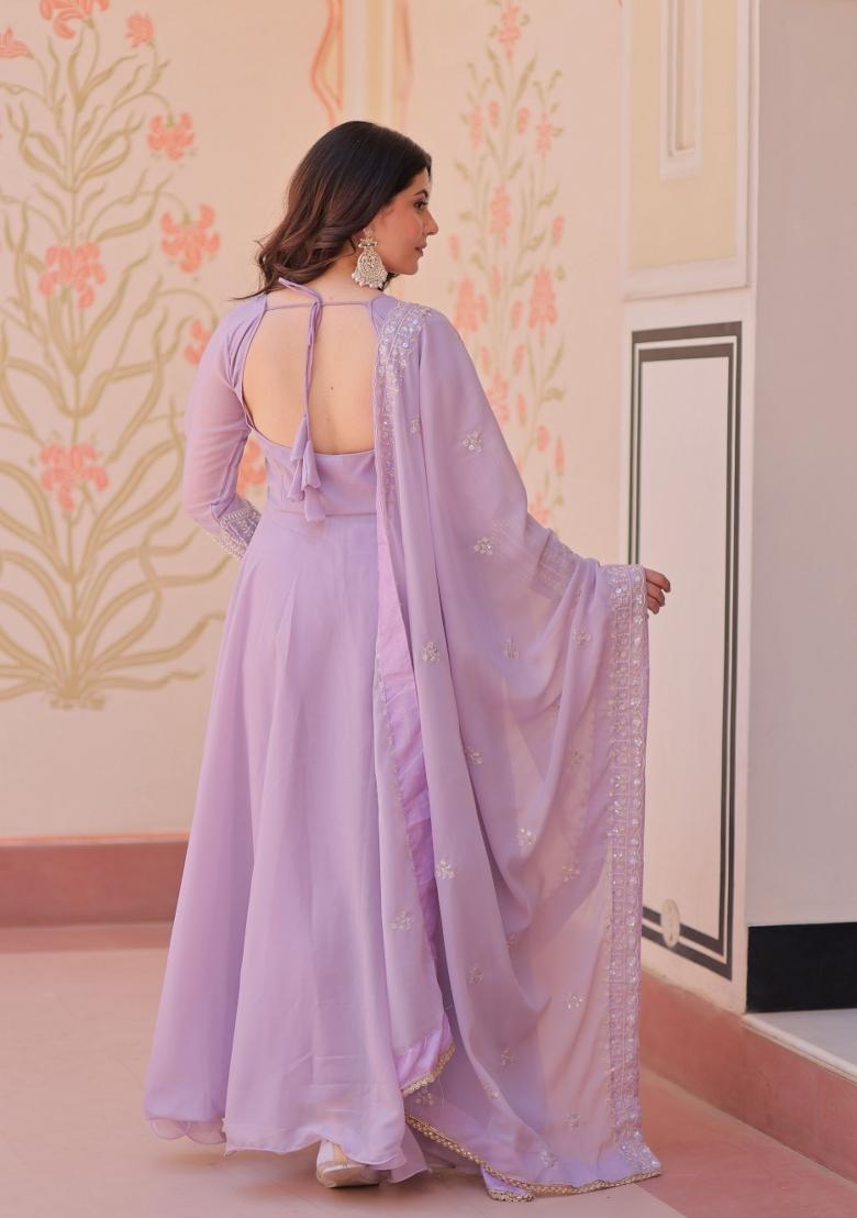 Lavender Beads Work Georgette Gown With Dupatta - Indya