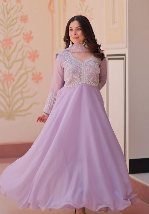 Lavender Beads Work Georgette Gown With Dupatta