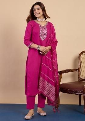 Pink Embroidery Cotton Kurta Set