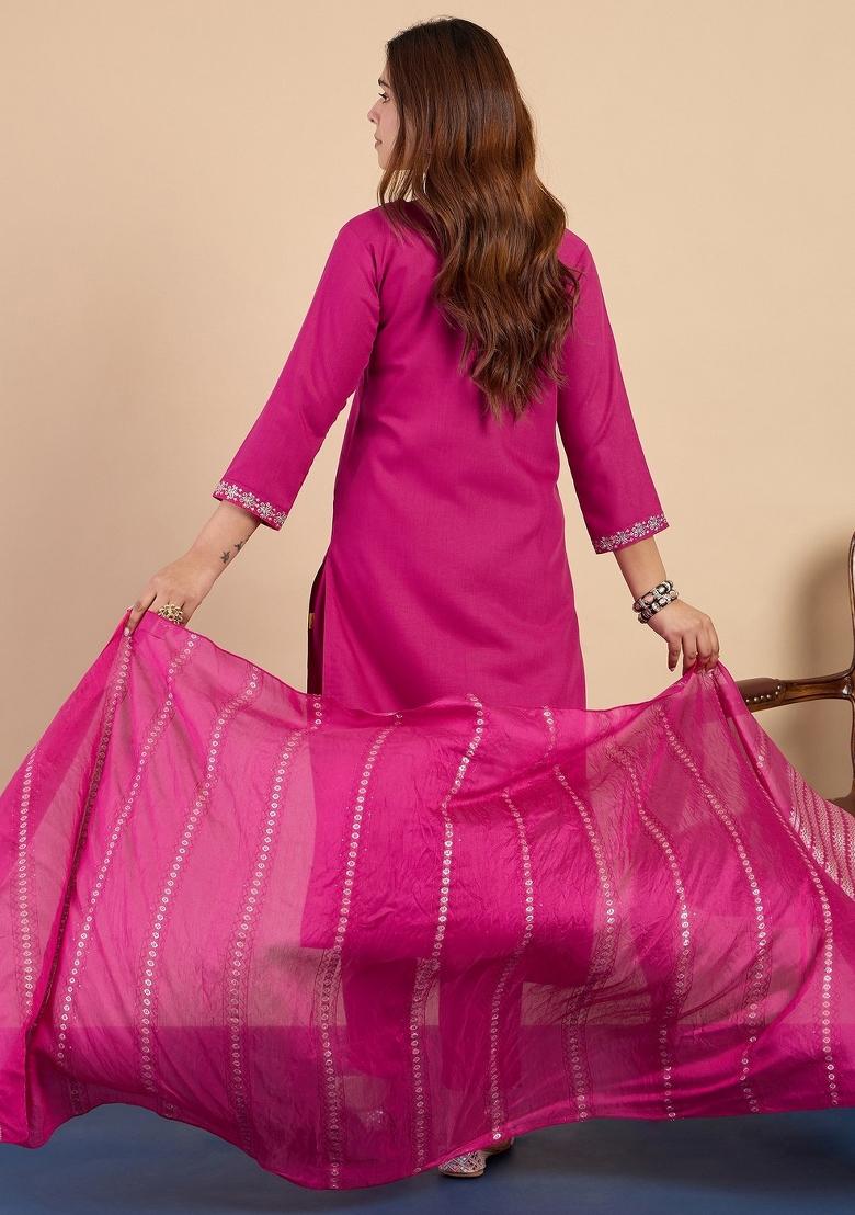 Pink Embroidery Cotton Kurta Set - Indya