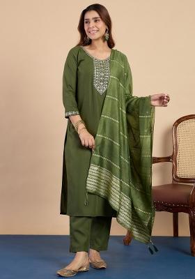 Green Embroidery Cotton Kurta Set