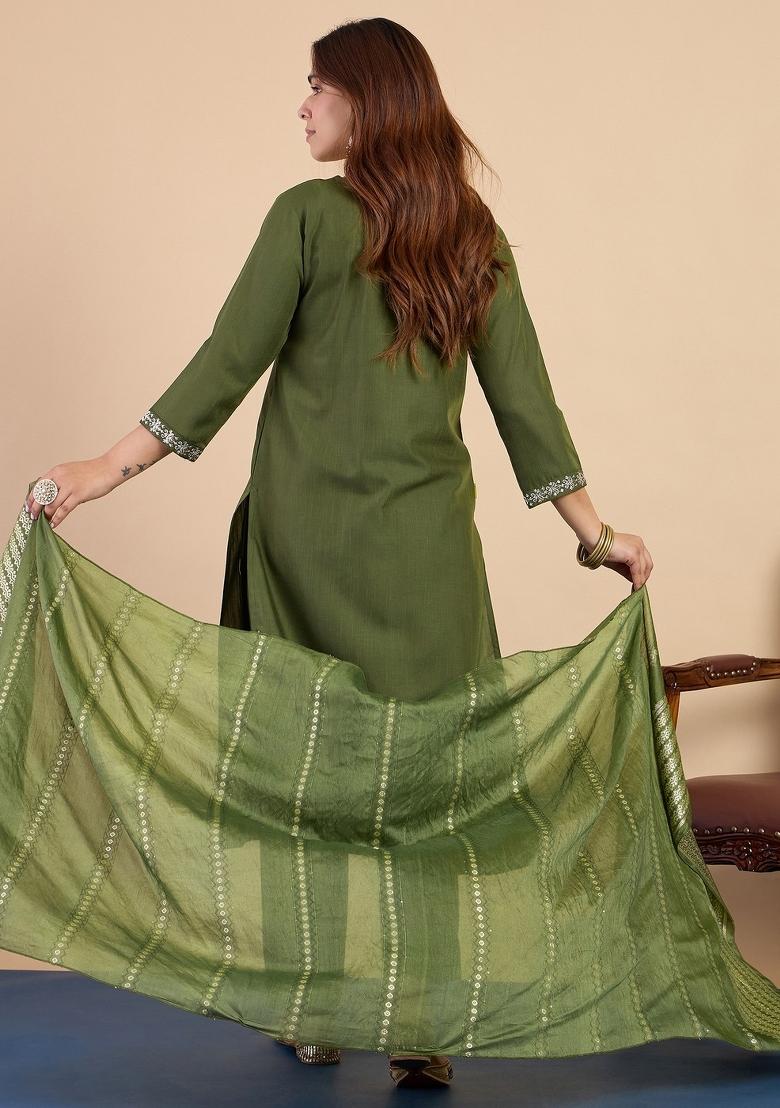 Green Embroidery Cotton Kurta Set - Indya