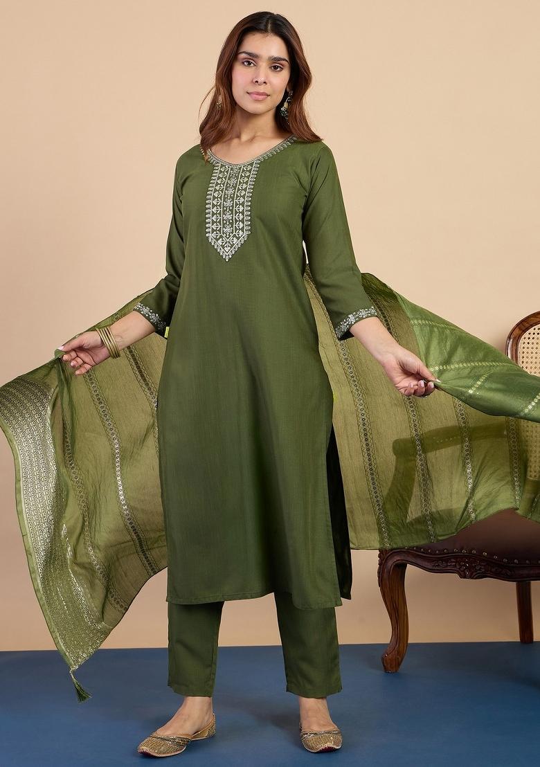 Green Embroidery Cotton Kurta Set - Indya