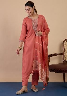 Peach Embroidery Cotton Kurta Set