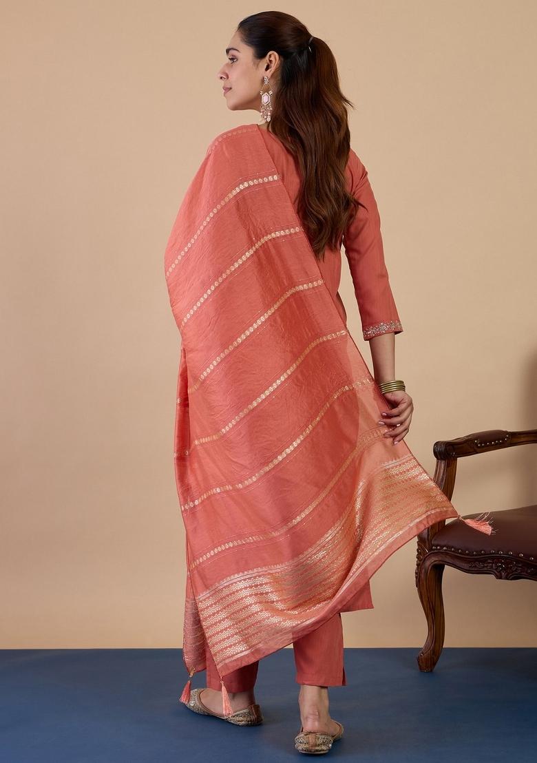Peach Embroidery Cotton Kurta Set - Indya