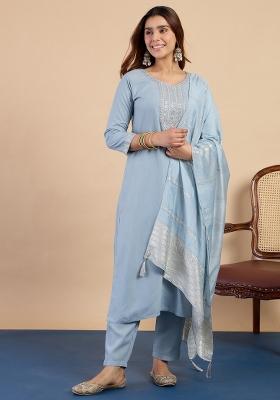 Grey Embroidery Cotton Kurta Set