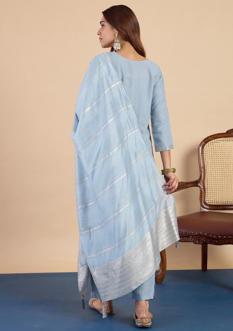 Grey Embroidery Cotton Kurta Set - Indya