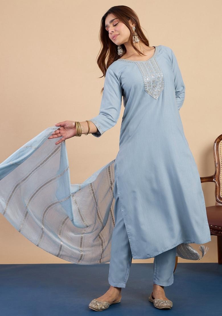 Grey Embroidery Cotton Kurta Set - Indya