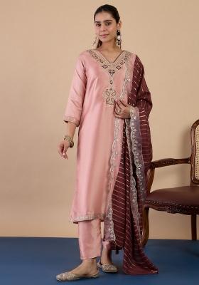 Peach Embroidery Silk Kurta Set