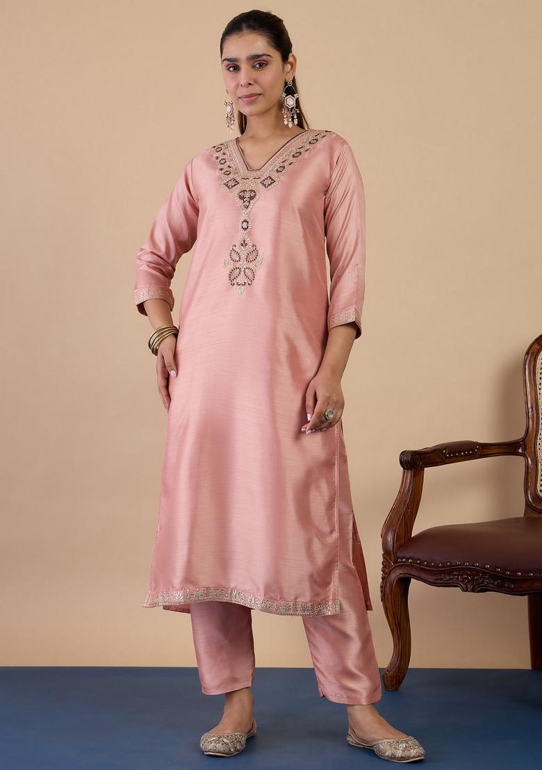 Peach Embroidery Silk Kurta Set - Indya