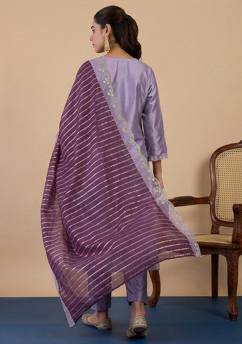 Lavender Embroidery Silk Kurta Set - Indya
