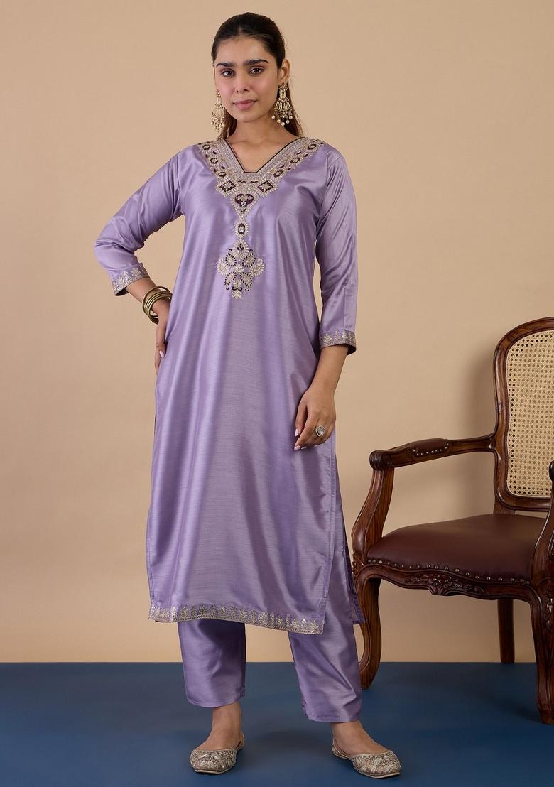 Lavender Embroidery Silk Kurta Set - Indya