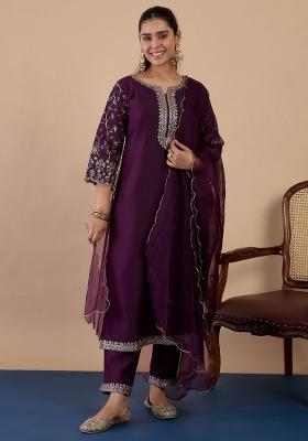 Wine Embroidery Silk Kurta Set