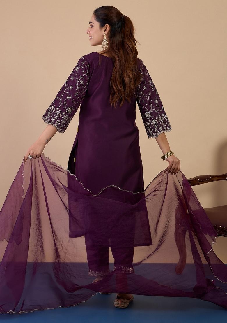 Wine Embroidery Silk Kurta Set - Indya