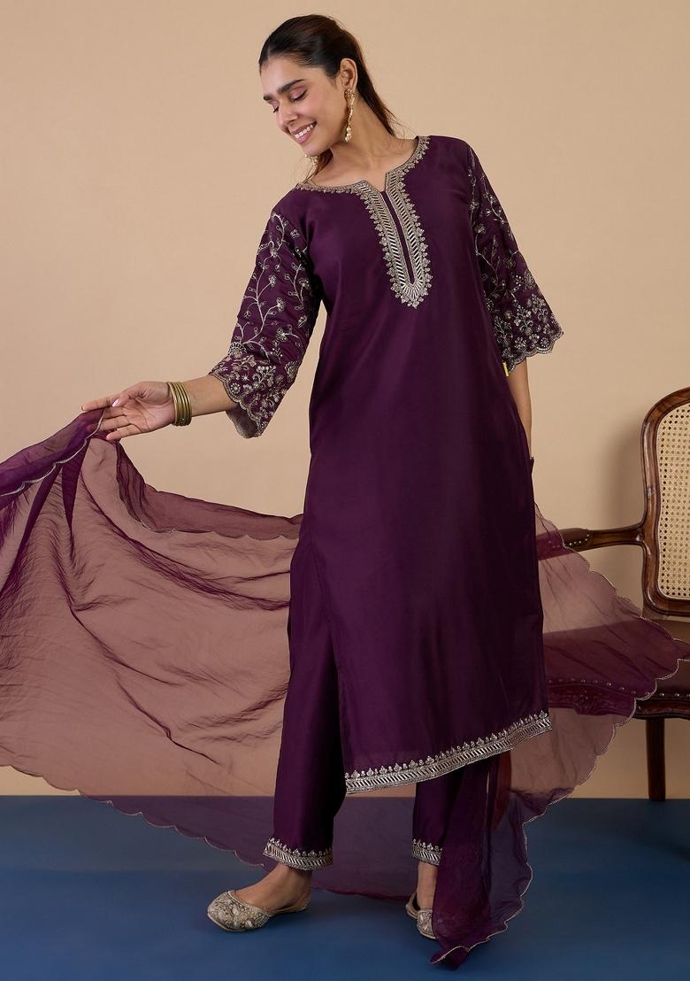 Wine Embroidery Silk Kurta Set - Indya