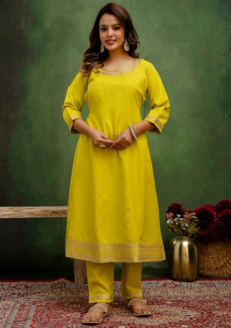 Lemon Embroidery Viscose Kurta Set - Indya