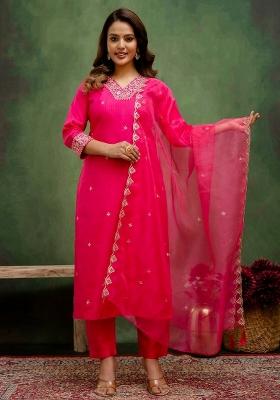 Pink Embroidery Silk Kurta Set
