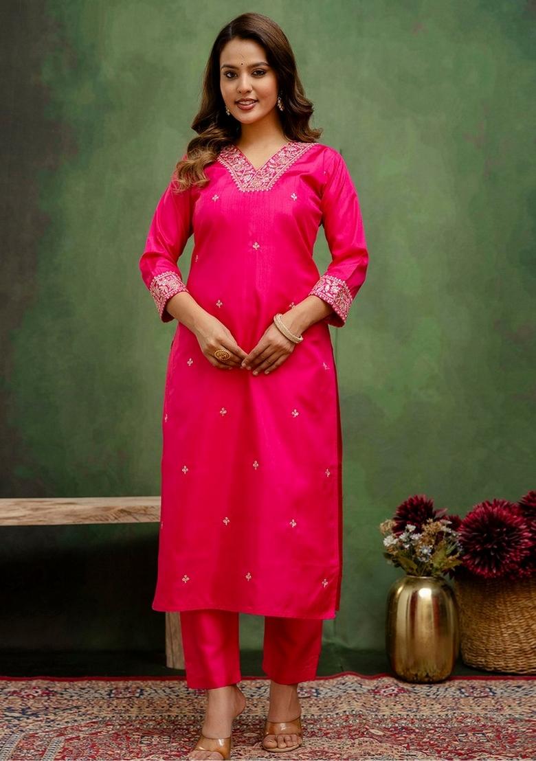 Pink Embroidery Silk Kurta Set - Indya