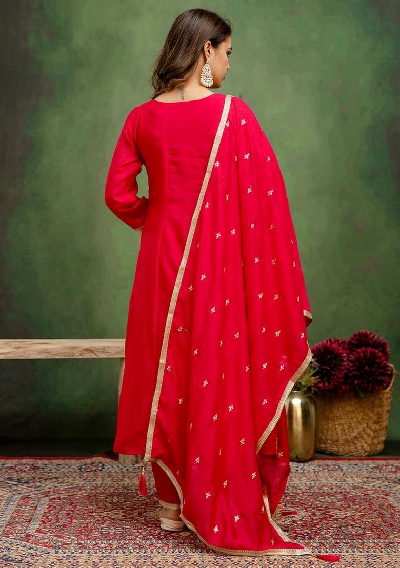 Pink Embroidery Silk Kurta Set - Indya