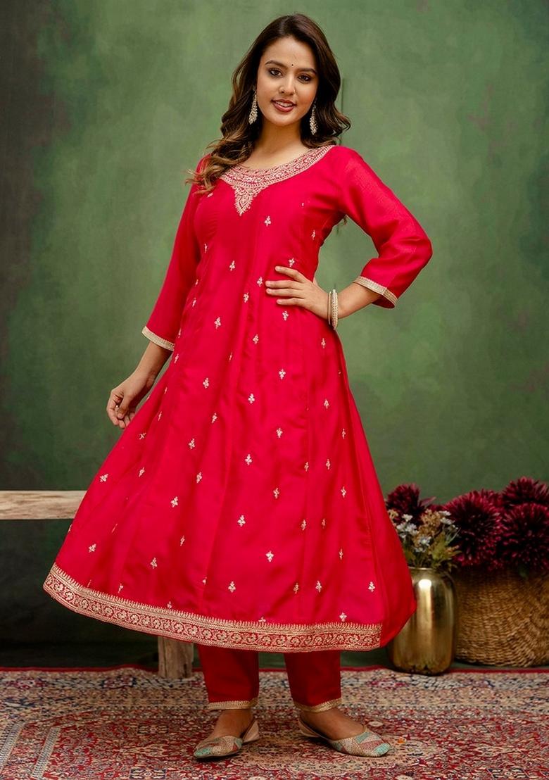 Pink Embroidery Silk Kurta Set - Indya