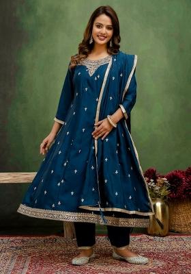 Teal Embroidery Silk Kurta Set