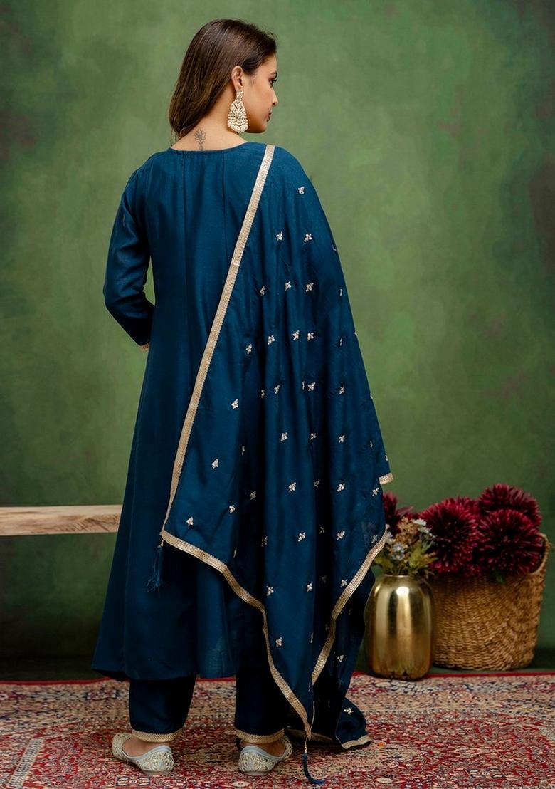 Teal Embroidery Silk Kurta Set - Indya