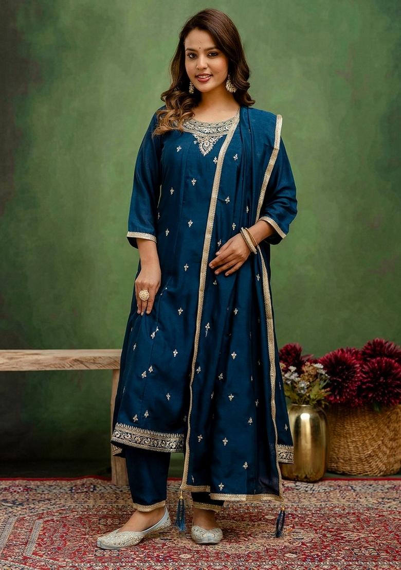 Teal Embroidery Silk Kurta Set - Indya
