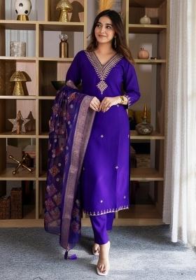 Purple Embroidery Silk Kurta Set