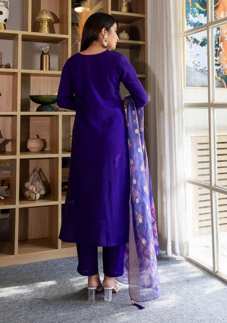 Purple Embroidery Silk Kurta Set - Indya