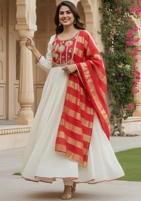 Off White Embroidery Silk Kurta Set