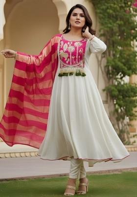 Off White Embroidery Silk Kurta Set