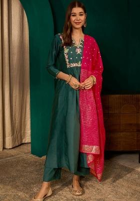 Green Embroidery Silk Kurta Set