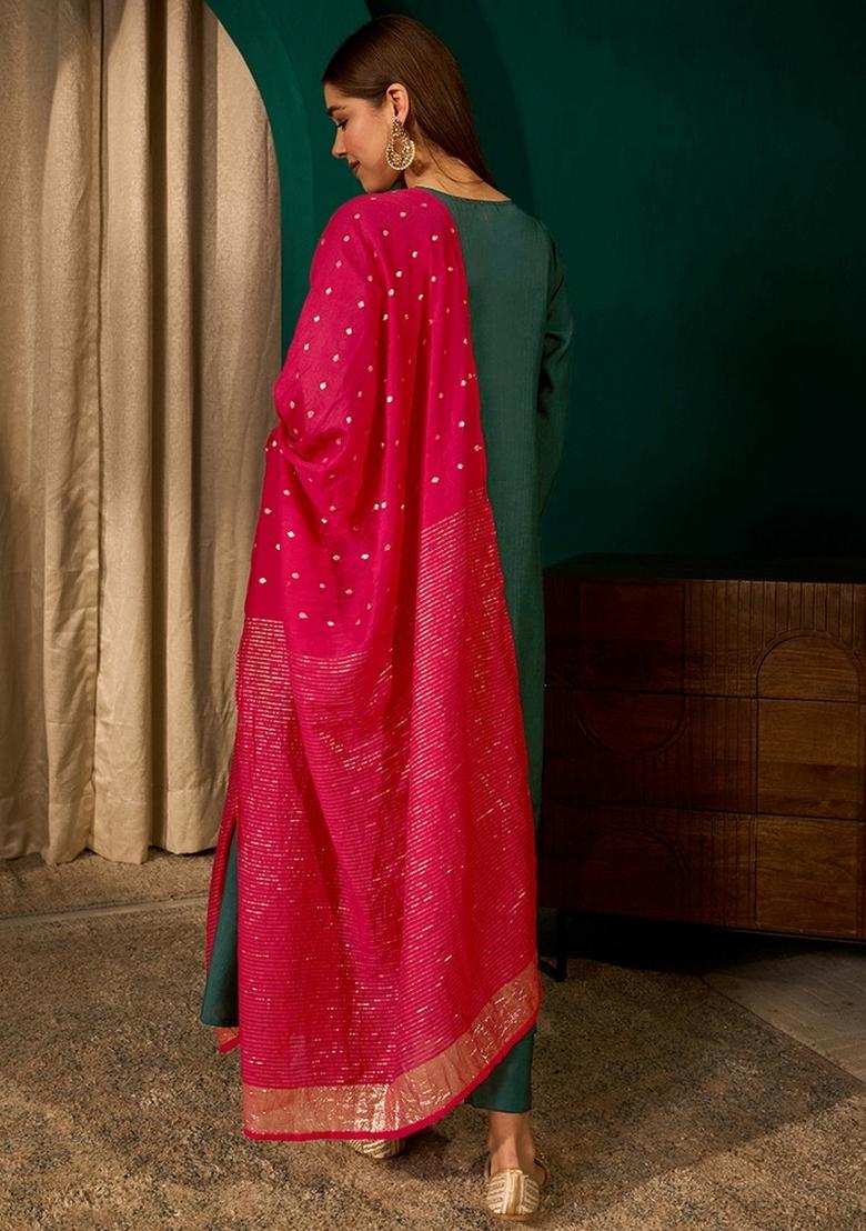 Green Embroidery Silk Kurta Set - Indya