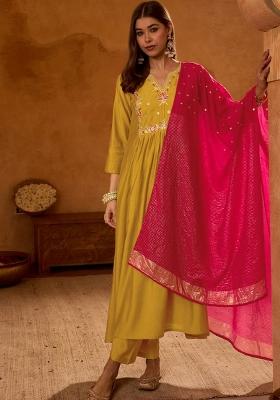 Mustard Embroidery Silk Kurta Set