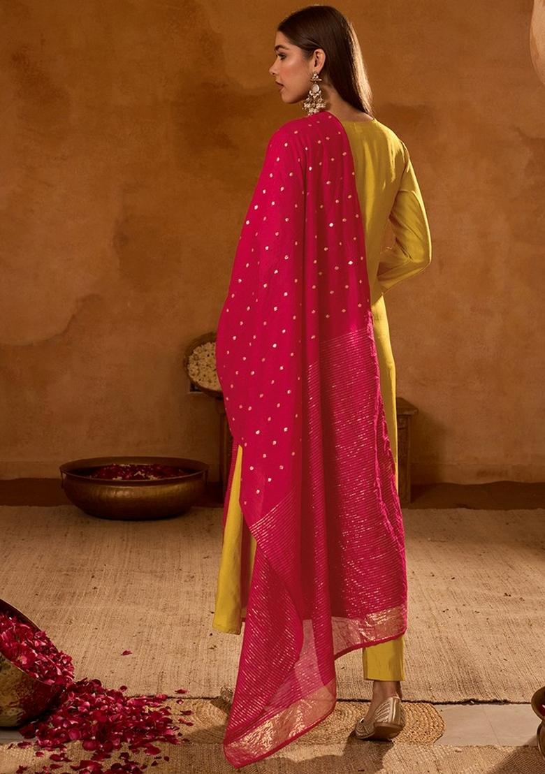 Mustard Embroidery Silk Kurta Set - Indya