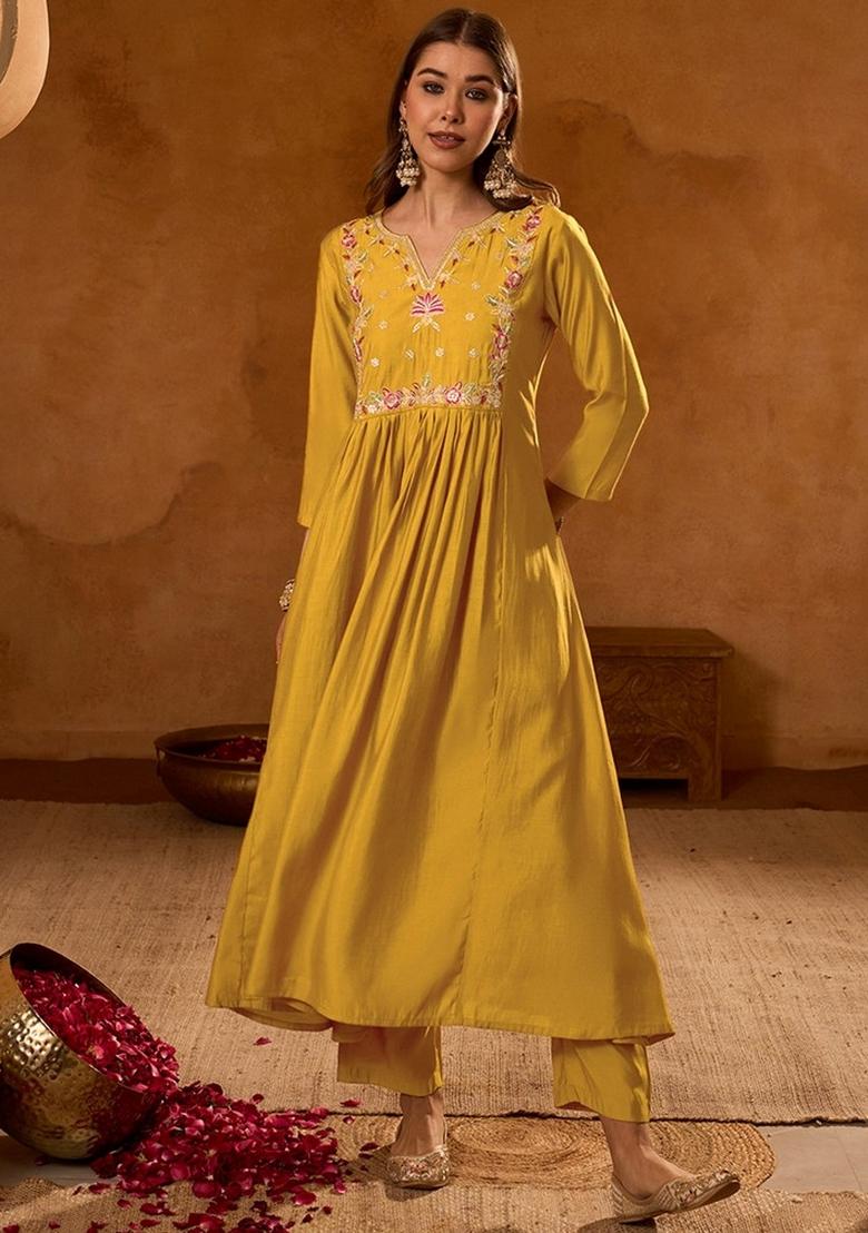 Mustard Embroidery Silk Kurta Set - Indya