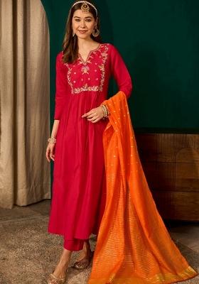 Red Embroidery Silk Kurta Set