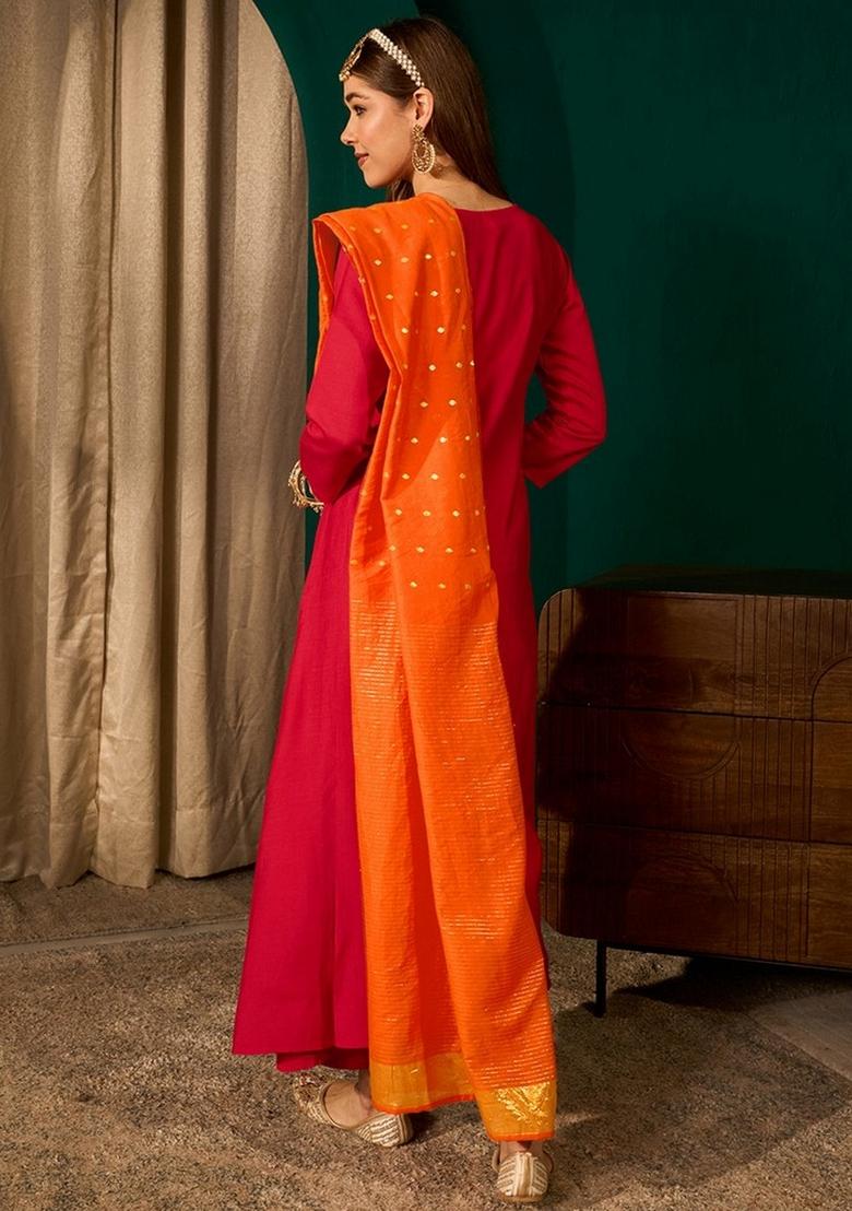 Red Embroidery Silk Kurta Set - Indya