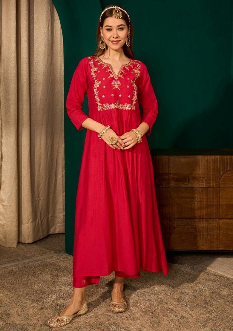 Red Embroidery Silk Kurta Set - Indya