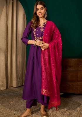 Violet Embroidery Silk Kurta Set