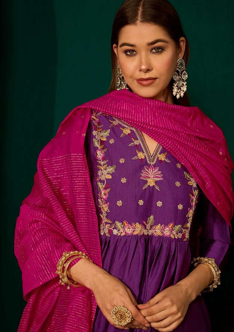 Violet Embroidery Silk Kurta Set - Indya